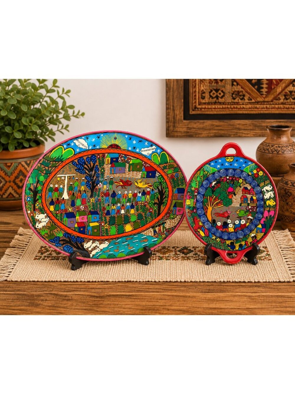 Hand Painted Clay Mexican Folk Art Plates Colorful Village Scene